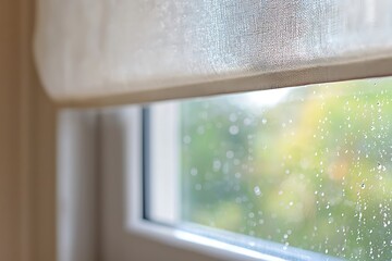 A close-up view of a window with condensation, revealing a blurred, colorful outdoor scene through the droplets on the glass.
