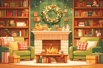 Cozy Christmas Living Room Illustration with Fireplace, Bookshelves, and Presents