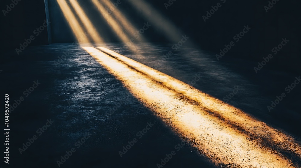 Poster a dimly lit space features beams of light shining through a dark environment, creating an atmospheri