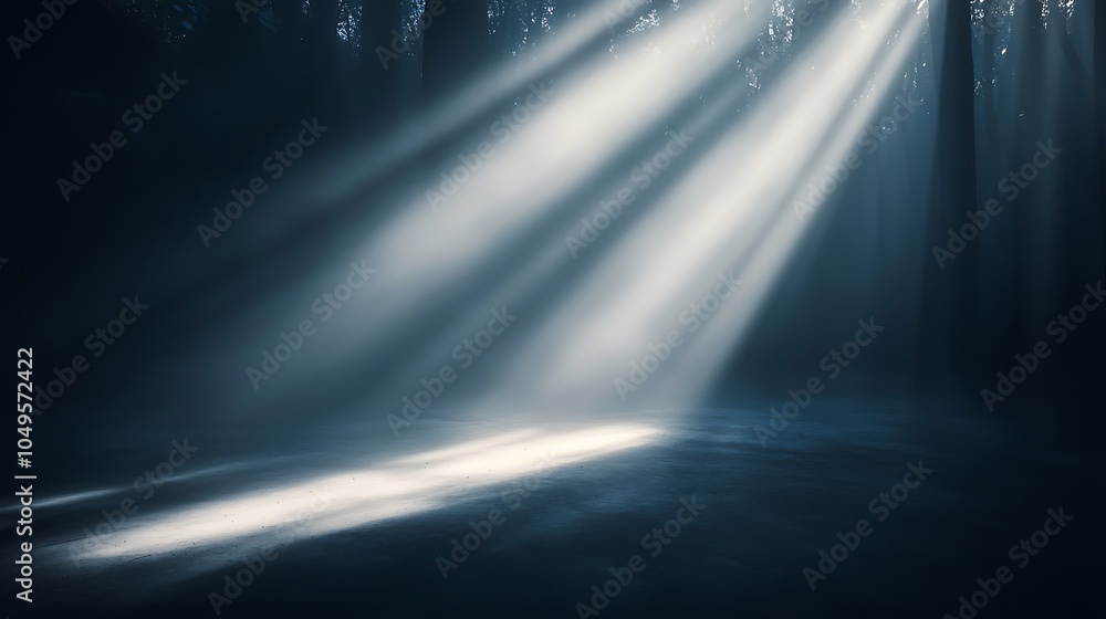 Poster rays of light pierce through a dark environment, creating a serene atmosphere with a mystical qualit