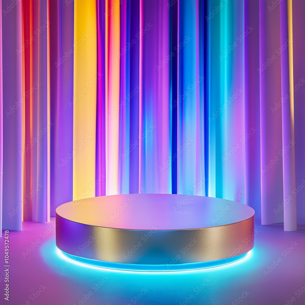 Aufkleber an elegant circular podium with a soft sheen, surrounded by colorful lights, creating an inviting sc