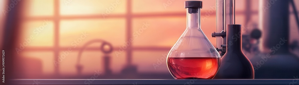 Poster a laboratory setting features glassware filled with a vibrant red liquid, illuminated by warm, soft 