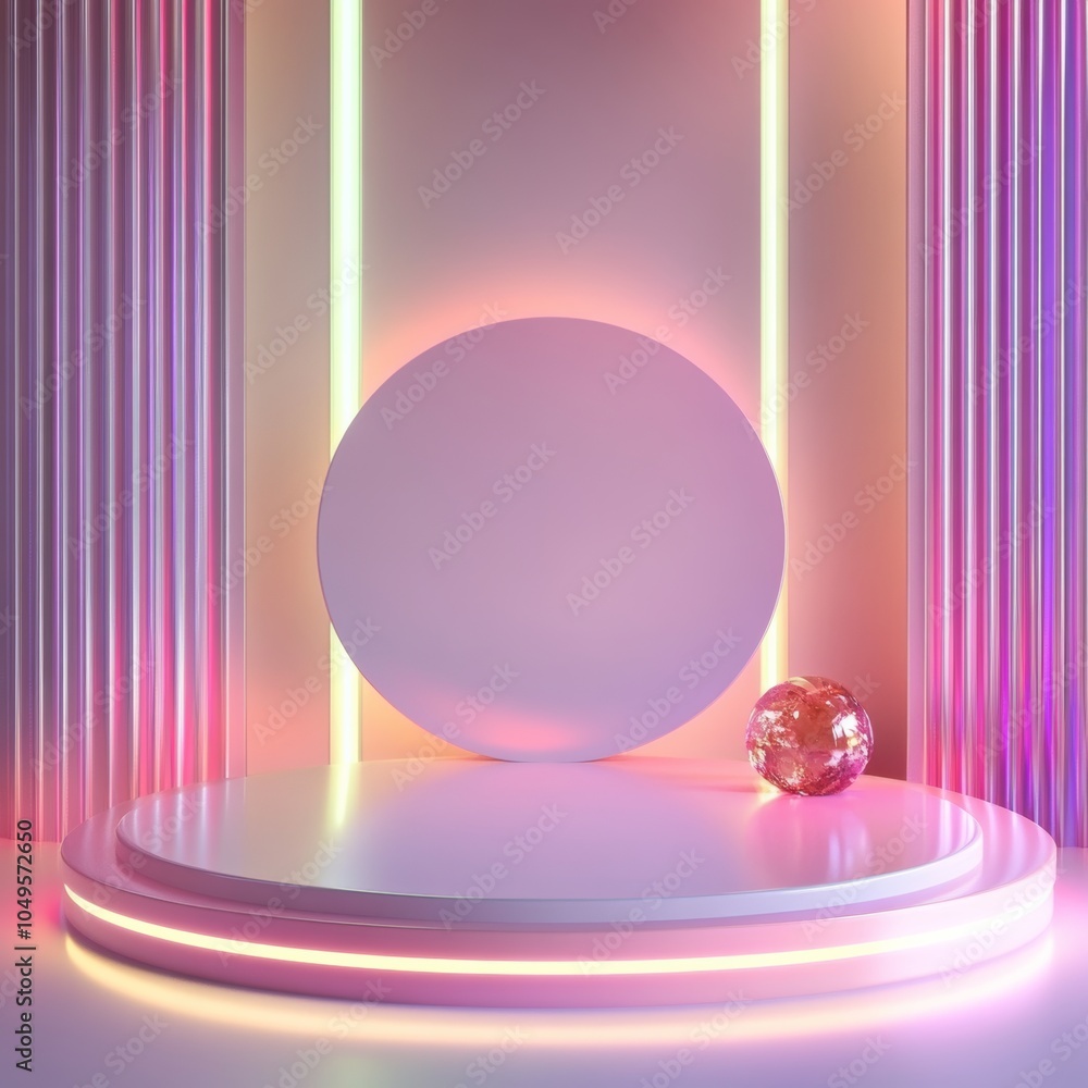 Poster an elegant circular podium with a soft sheen, surrounded by colorful lights, creating an inviting sc