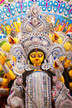 Goddess durga idol in pandal during navratri