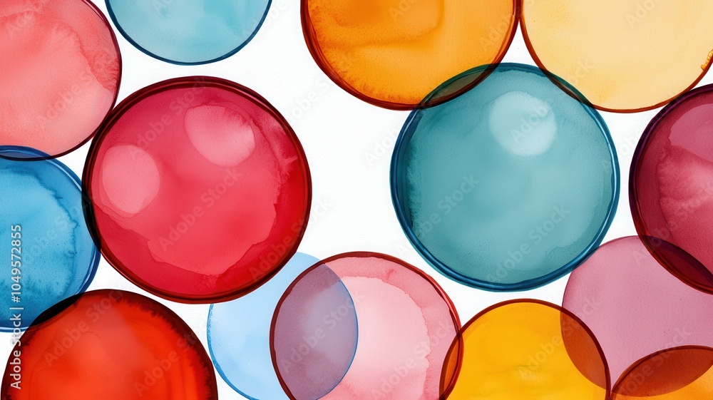 Poster a vibrant arrangement of colorful, overlapping circles in various shades, creating a lively and arti