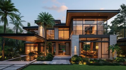 Fototapeta premium Modern Luxury Home with Palm Trees and Pool