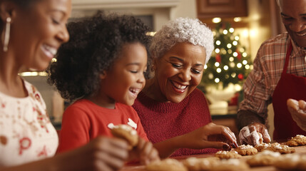 Family gathered in the kitchen baking holiday cookies, smiling and laughing together