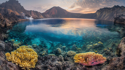 Obraz premium Vibrant coral reef near the surface of a serene crater lake, surrounded by rocky mountains at sunset
