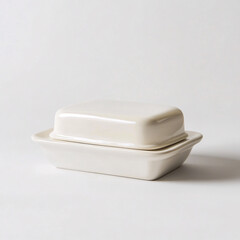 white ceramic butter dish with lid on white background