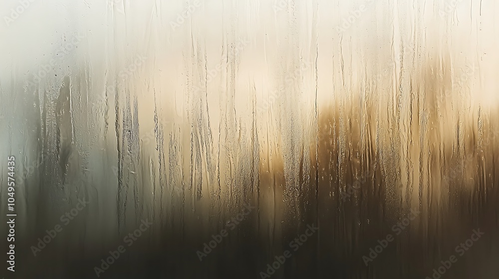 Poster a close-up view of a fogged window, with droplets of water clinging to the surface, creating a blurr