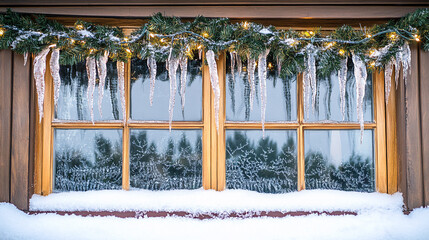 Frosty window with icicles hanging from the edge and holiday garland above