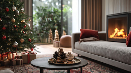 Cozy living room with a roaring fire in the fireplace and a decorated Christmas tree in the corner