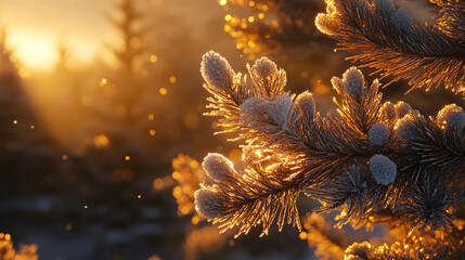 Frosted pine branches illuminated by the golden light of the setting sun