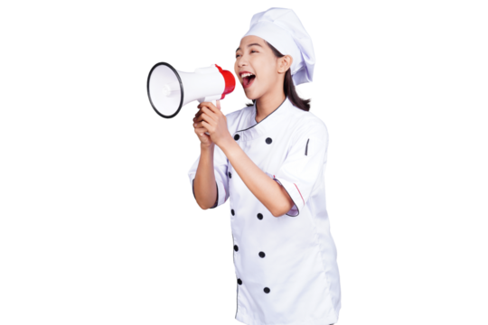 Asian female chef using megaphone isolated transparent