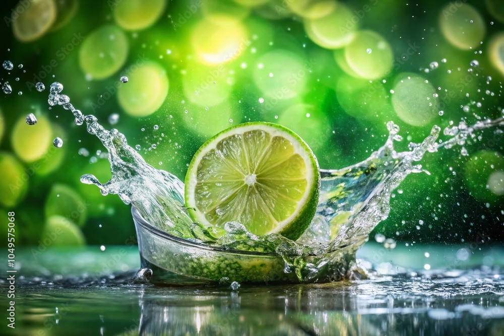 Poster fresh lime wedge splashing into sparkling water - refreshing beverage scene for summer vibes