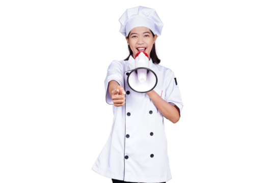 Asian female chef using megaphone isolated transparent
