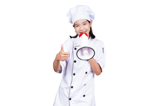 Asian female chef using megaphone isolated transparent