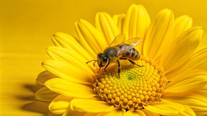 A honey bee pollinates a yellow daisy on a yellow background.