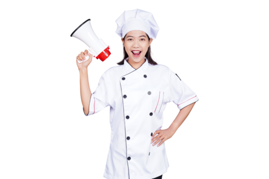 Asian female chef using megaphone isolated transparent