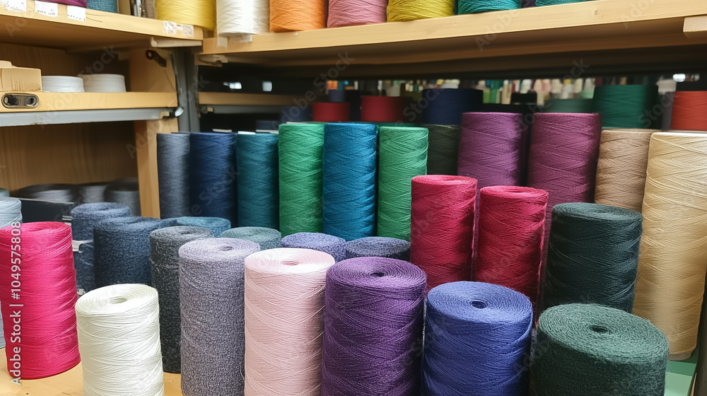 Poster a textile workshop displays a variety of colorful threads in preparation for crafting unique fabric 
