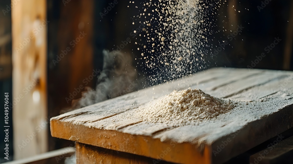 Wall mural pouring gypsum powder into molds for the production of building materials the white powdery substanc