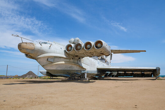 ARABLYAR, RUSSIA - MAY 10, 2024: An abandoned Soviet rocket ekranoplane of project 903 "Lun" in the vicinity of Derbent on a sunny May day