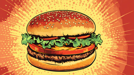 Attractive burger advertisement in vector and pop art style. Pop Art Comic. Illustration