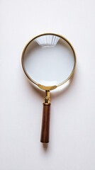 a classic brass magnifying glass with a wooden handle on a white background