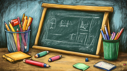 Back-to-school scene with chalkboard and colorful supplies. Chalkboard Drawing. Illustration