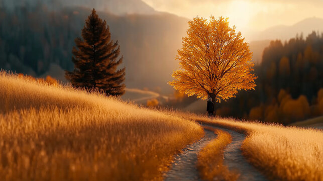 An ultra-detailed, 8K cinematic photo of a man and woman smiling and hiking up a winding mountain trail in spring. Sunlight streams through the trees, casting dappled light on thei