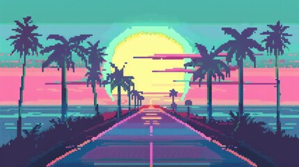 Naklejka premium Pixelated Sunset Road with Palm Trees