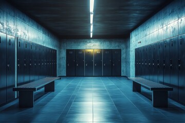 Modern locker room featuring sleek metal lockers and benches in a spacious, well lit environment