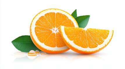 Fototapeta premium Fresh Sliced Orange with Green Leaves on White Background