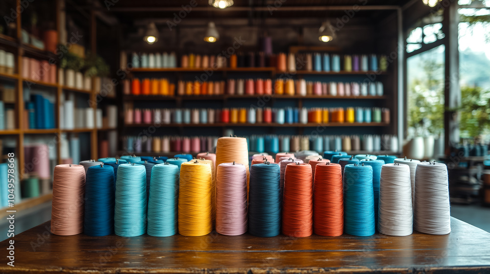 Poster bright threads in various colors fill the workspace, highlighting the artistry of textile creation a