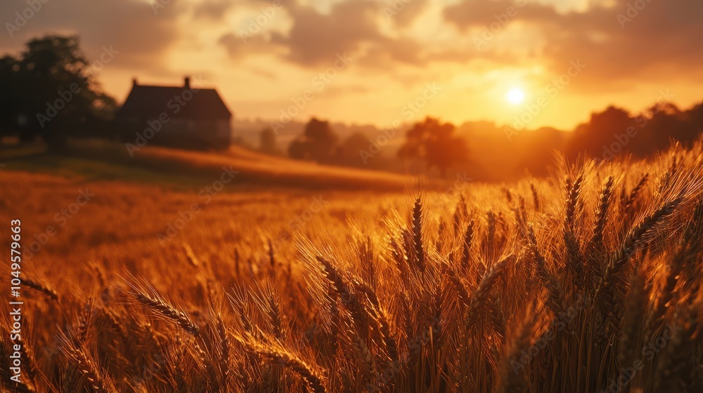 Poster a field of golden wheat with a house in the background. generative ai