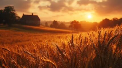 Obraz premium A field of golden wheat with a house in the background. Generative AI