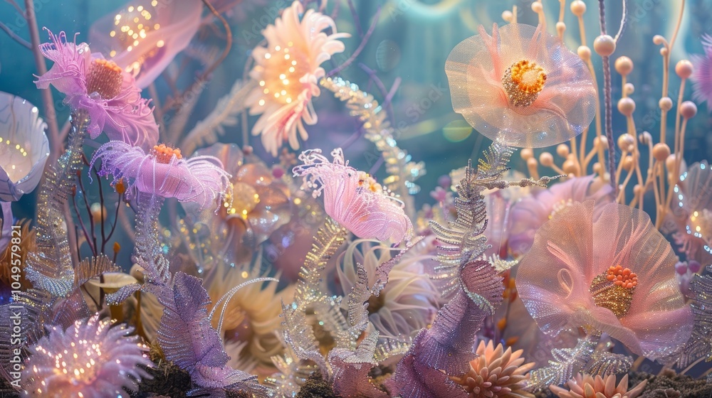 Poster a mystical window box displaying an undersea world of pastelhued anemones swaying kelp and glowing p