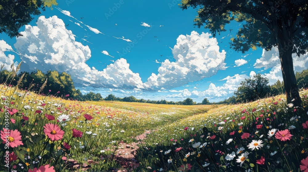 Poster a field of flowers with a path in the middle. generative ai
