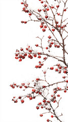 winter snow covered branch with red berries on white background