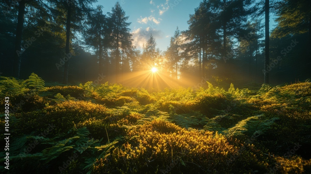 Poster a sun is shining through the trees in a forest. generative ai
