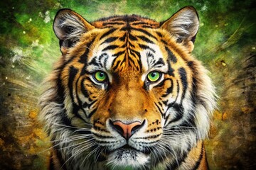 Fototapeta premium Grunge Ink Pen Drawing of Tiger Face with Striking Green Eyes in High Depth of Field