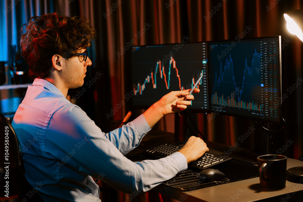 Aufkleber young investor in stock trader pointing on dynamic exchange rate on screens in market graph online i