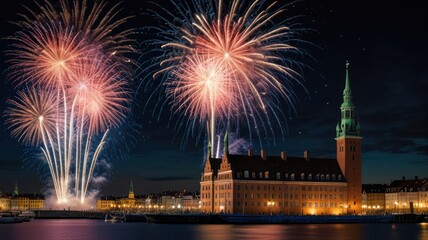Naklejka premium A vibrant fireworks display lights up the night sky over a historic building and water.