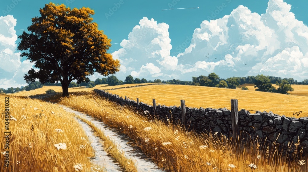 Poster a painting of a field with a tree and a stone wall. generative ai