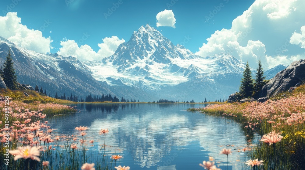 Poster a beautiful mountain range with a lake in the foreground. generative ai