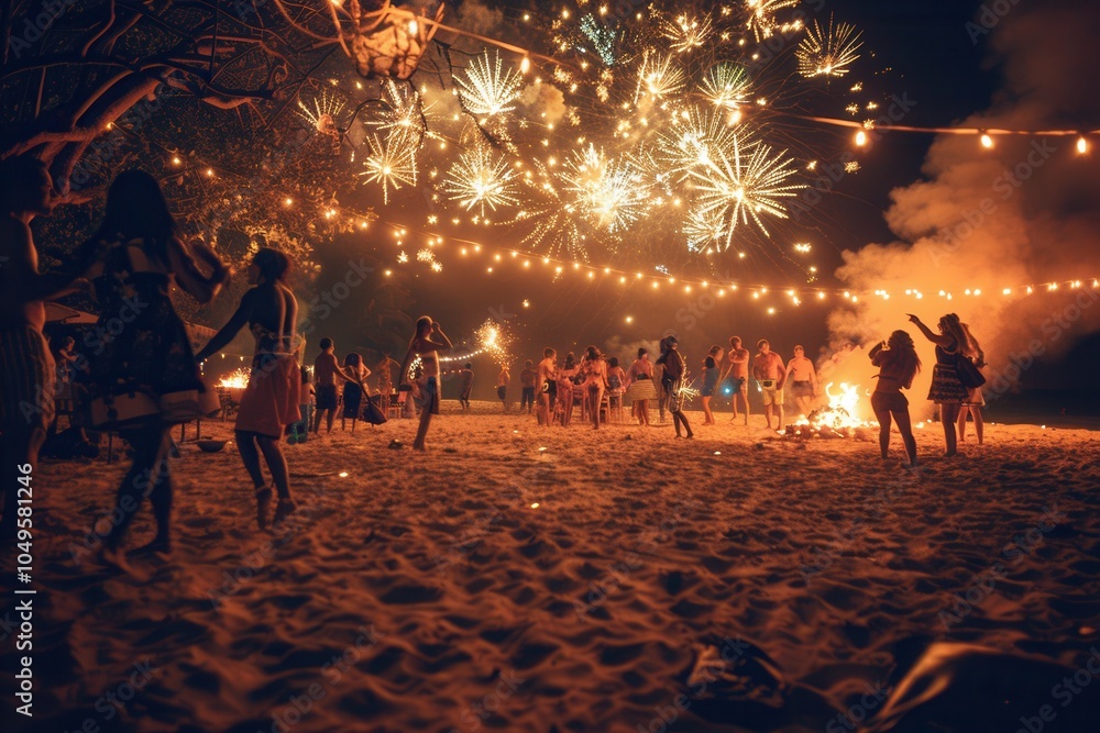 Poster people enjoy a lively beach party, dancing around a bonfire as colorful fireworks explode overhead, 