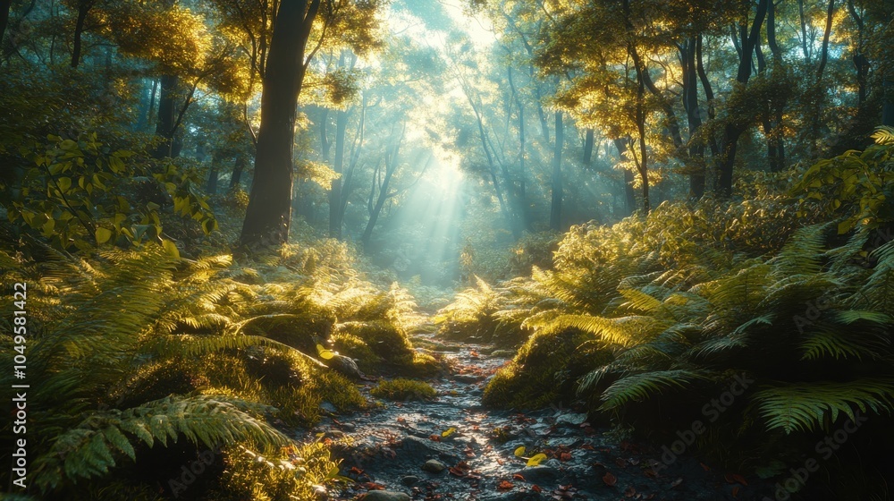 Poster a forest with a path through it. generative ai