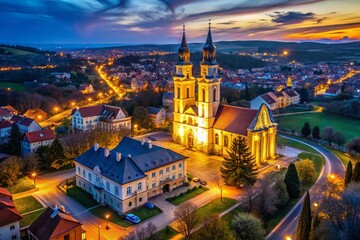 Fototapeta premium Aerial Night Photography of Roman Catholic Church in Fot, Hungary - Stunning Spring Day with Clear Blue Sky