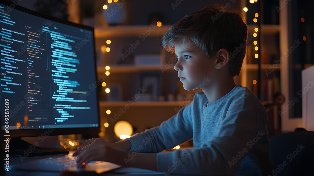 Poster a young boy is sitting in front of a computer monitor, typing on a keyboard