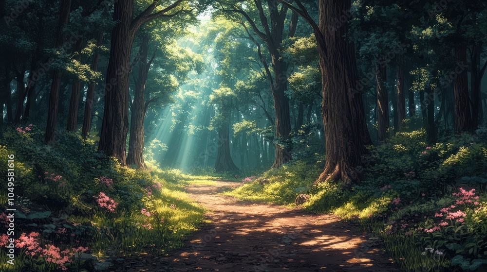 Poster a forest path with sunlight shining through the trees. generative ai